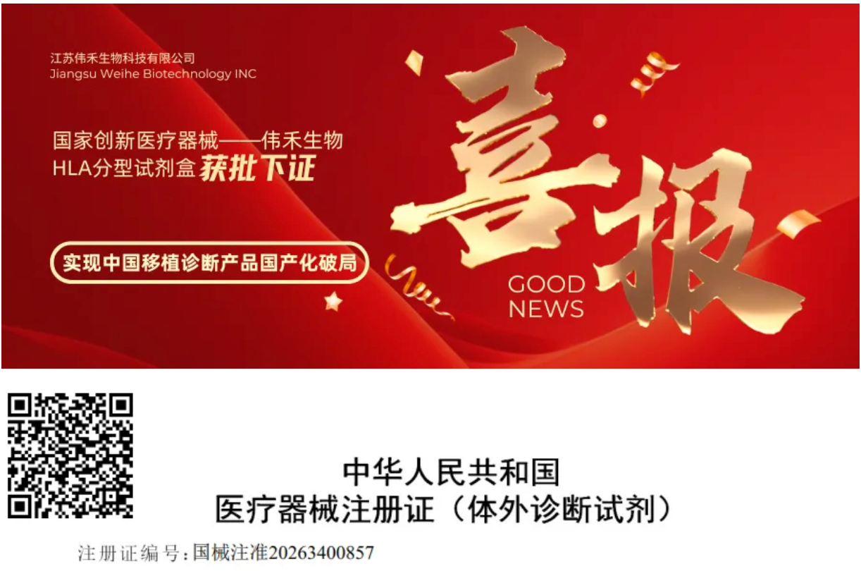 喜报！国家创新医疗器械——伟禾生物HLA分型试剂盒获批上市，实现中国移植诊断产品国产化破局